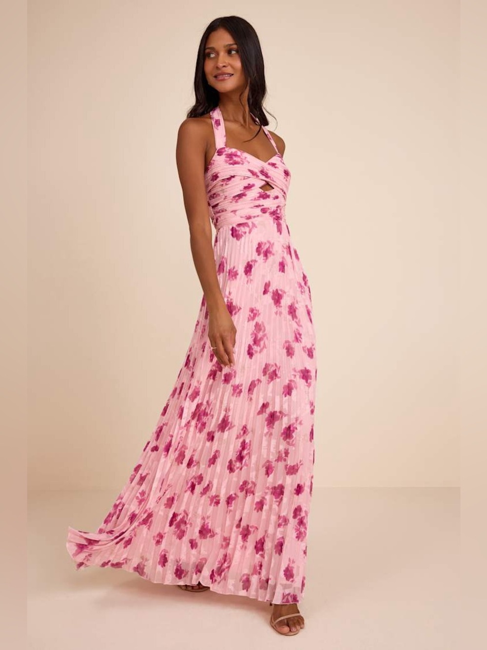 Lulus Krystal Light Pink Floral Pleated Halter Maxi Dress